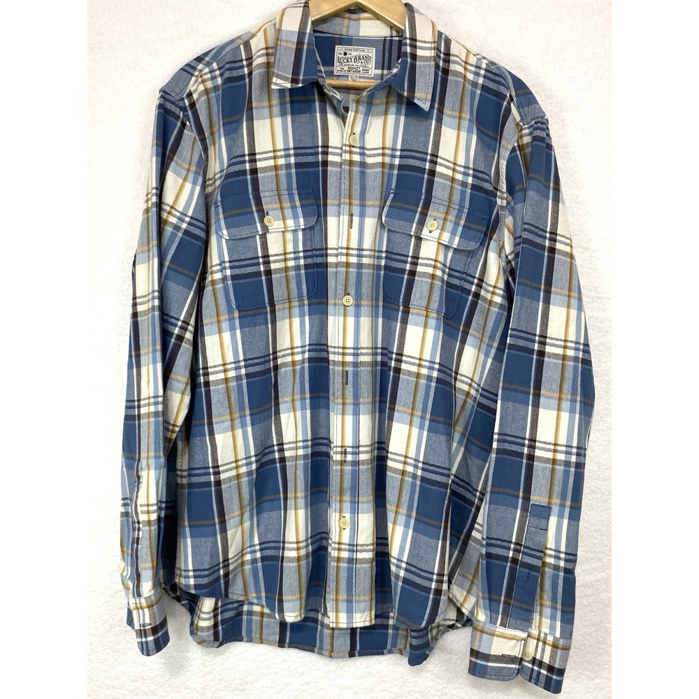 Lucky Brand Men Shirt Size XL Classic Fit Blue Tan Plaid Long Sleeve 100% Cotton